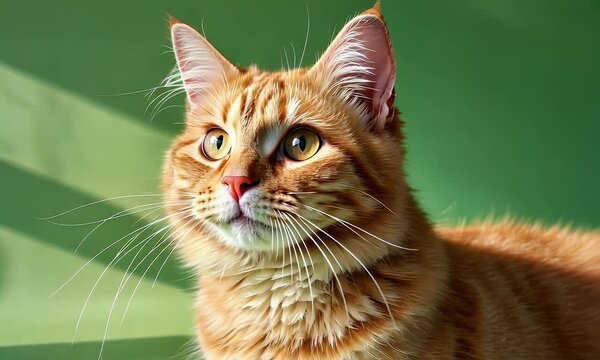 cute fluffy cat with orange fur sitting and moving slightly, slow blinking and natural expression, high-quality green screen footage in ultra hd