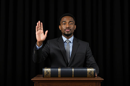Confident man in suit raising hand for oath, standing at podium with large book, on dark curtain background, concept of truth and responsibility, Ai generative
