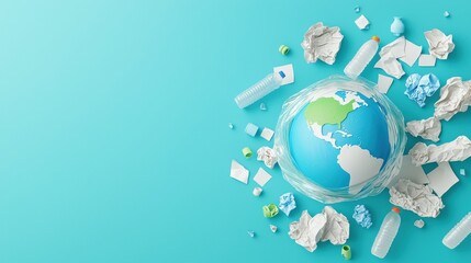 Obraz premium A globe surrounded by crumpled paper and plastic waste highlights the urgent need for environmental awareness and recycling efforts.