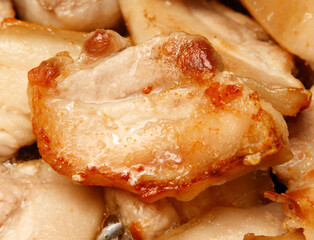 A piece of chicken is cooked and has a crispy texture