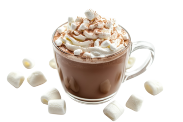 Indulgent hot chocolate with whipped cream and marshmallows on a cozy winter day delight isolated on transparent background