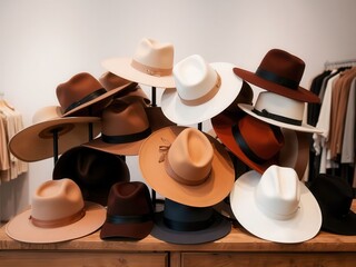 Pile of Stylish Brown and Beige Hats in a Shop