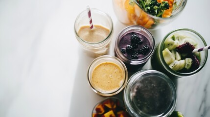 Smoothie preparation and meal planning display with colorful blends arranged by color alongside a plant based weekly meal guide