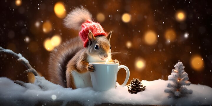 A cute squirrel wearing a winter hat, holding a coffee cup and sitting in the snow with a blurred lights
