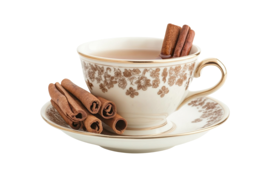 Warm cinnamon tea served in an elegant floral cup with added sticks of fragrant spice isolated on transparent background