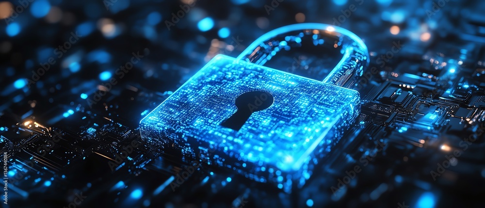 Poster vibrant and symbolic blue padlock, glowing with light and security symbols, perfect for concepts rel