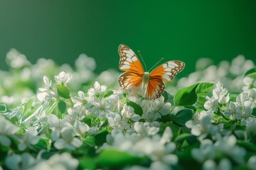 A beautiful butterfly rests on delicate white blooming flowers