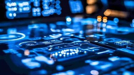 Futuristic control panel, glowing circuits, data streams, technological background; tech website