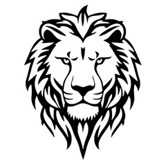 Majestic Lion: A striking black and white illustration of a lion's head, showcasing intricate detail, piercing eyes, and a powerful mane, embodying strength and dominance.