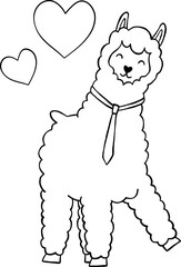Cute Couple Groom Husband Alpaca Llama Character Heart Cartoon Valentine Element Outline
