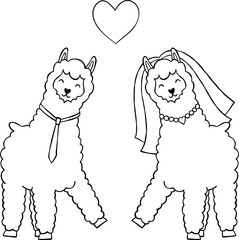 Cute Couple Bride And Groom Alpaca Llama Character Heart Cartoon Valentine Element Outline