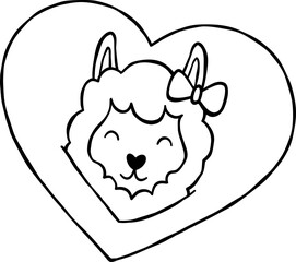 Cute Face In Heart Pillow Shape Alpaca Llama Character Cartoon Valentine Element Outline
