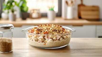 Homemade apple crumble in a glass dish on a wooden kitchen table with a cozy, bright background.