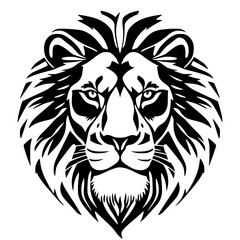 Obraz premium Front view of an adult male lion's head, created in a black and white tribal or tattoo-style illustration with a detailed mane.
