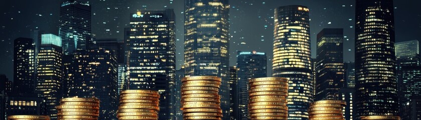 A nighttime city skyline with illuminated skyscrapers and stacks of golden coins, symbolizing wealth and prosperity.