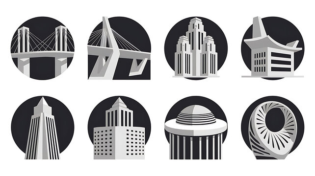 Monochromatic city landmarks stylized icons architectural silhouettes