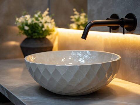Modernes Badezimmer mit geometrischen Fliesen und schwarzem Wasserhahn