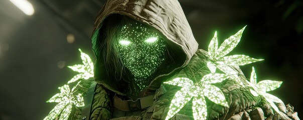 A mysterious figure cloaked in dark clothing, adorned with glowing green plants, exudes an otherworldly presence.