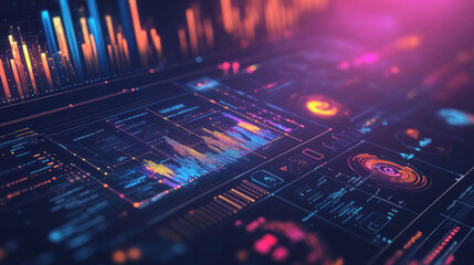 This infographic showcases a dynamic digital environment filled with colorful charts and graphs, illustrating data analysis through vibrant visual elements.