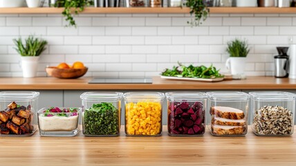 Neatly arranged ingredients on a kitchen counter for healthy meal preparation, showcasing color and freshness.