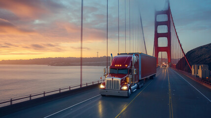 A long-haul truck travels across a famous suspension bridge as the sun sets, casting vibrant colors in the sky and reflecting on the water below. The landscape showcases the bay and hills.