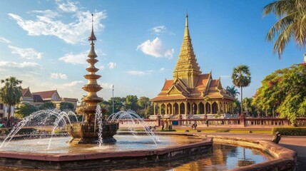 Obraz premium Majestic fountain and temple scene vientiane laos architecture scenic view cultural heritage