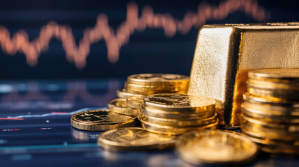 Gold bars and coins on financial chart background symbolize wealth