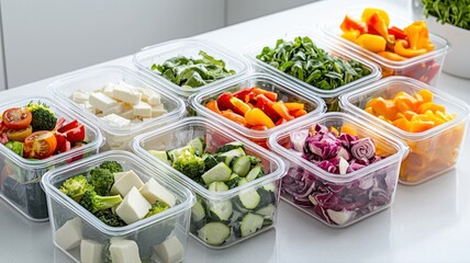 Organized meal prep containers filled with fresh, colorful vegetables, promoting healthy eating habits and variety.