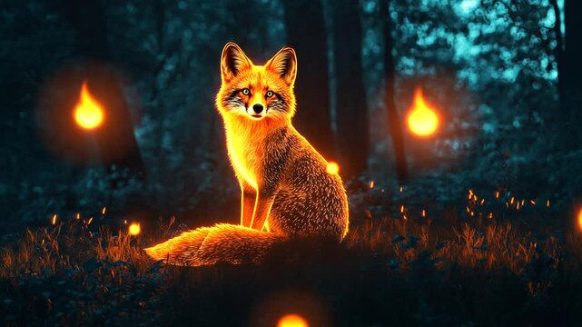 Glowing fox sitting peacefully in a mystic dark forest surrounded by magical orbs of light