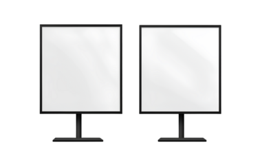 Two empty, white, vertical billboards on stands, isolated on a transparent background