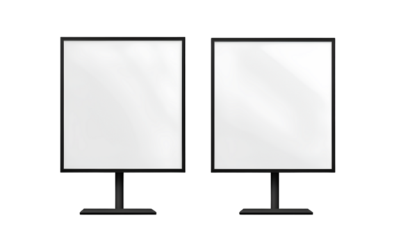 Two empty, white, vertical billboards on stands, isolated on a transparent background