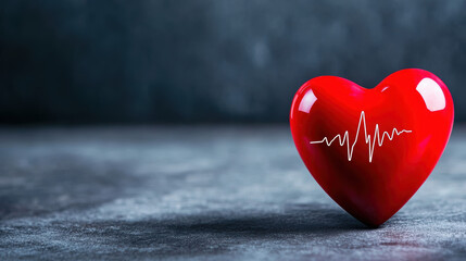 Fototapeta premium Red heart with heartbeat line on dark background. Symbol of health and love
