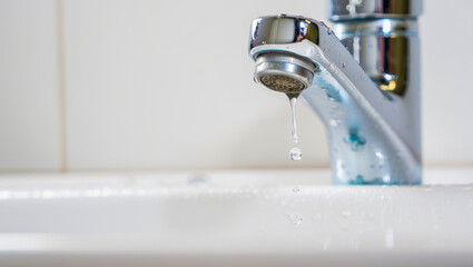 Dripping faucet over white sink