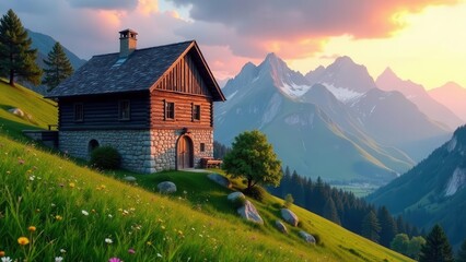 Fototapeta premium Serene Mountain Cabin Sunset Vista A picturesque wooden house nestled on a verdant hillside, overlooking a breathtaking panorama of majestic snow-capped mountains bathed in the golden hues of sunset