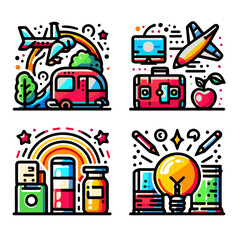 Obraz premium Colorful travel and adventure illustrations with icons and symbols 
