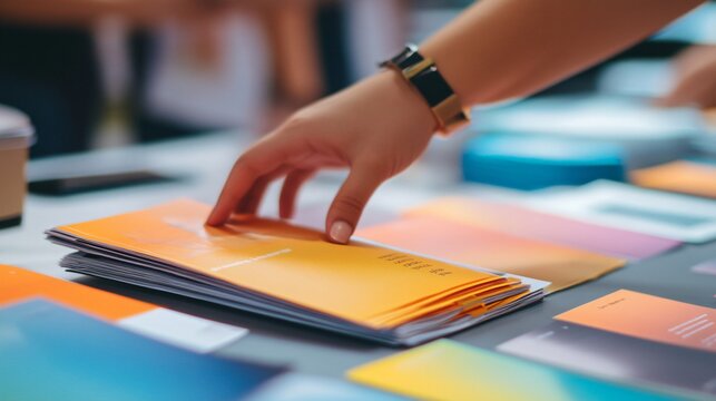 A hand touching a stack of orange brochures on a table
