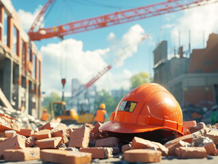 Fototapeta premium Construction site with orange helmet on bricks in sunny weather