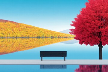 Serene Autumn Lake Scene with Red Tree and Bench