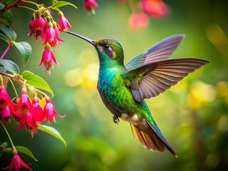 Fototapeta premium Costa Rican Hummingbird Feeding on Fuchsia - Vintage Wildlife Photography