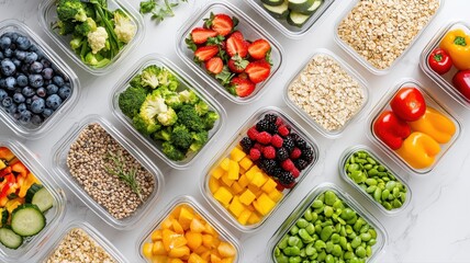 Top view of assorted fresh fruits and vegetables neatly arranged in containers for meal prep on white background.