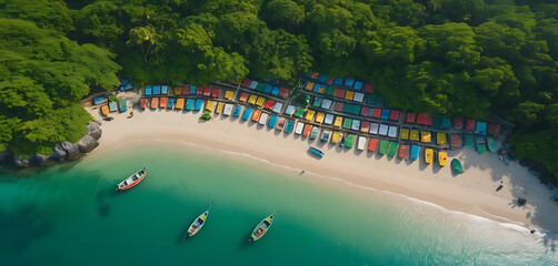 Aerial View of Tropical Beach with Colorful Boats and Lush Forest