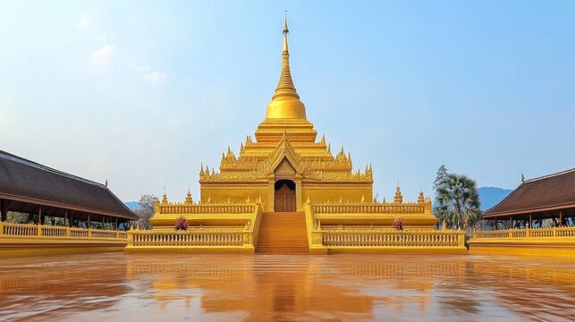 Discover tranquility at a golden stupa laos serene temple grounds in a wide-angle view of spiritual reflection