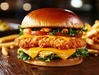 Delicious crispy chicken sandwich with cheese and fries served hot