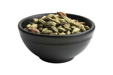 Cardamom pods in black bowl Isolated on White and Transparent Background PNG Image.