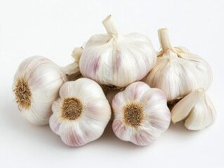 Garlic bulbs arranged neatly on a light background