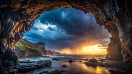 Cozy Cave Silhouette Rain Storm Shelter Dramatic Landscape Photography