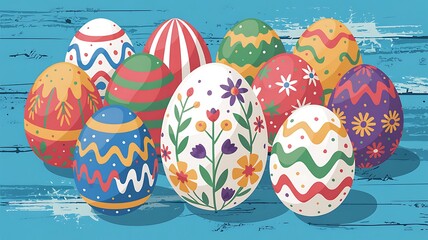 Vibrant Hand-Painted Easter Eggs with Unique Artistic Patterns Colorful Designs Arranged on Rustic Blue Wooden Surface with Festive Spring Elements for a Cheerful and Joyful Easter Holiday Celebration