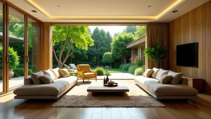 Fototapeta premium Luxurious Modern Living Room with Floor to Ceiling Windows and Serene Garden View
