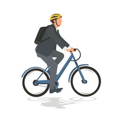 Bike to Work Day. Flat businessman character biking go to work. Energy saving concept. Bicycle