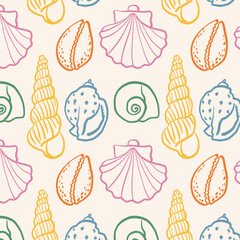 Seamless pattern with Various Seashells.Summer, vacation, ocean, beach concept. Design elements for trendy prints, label, background, wrapping paper